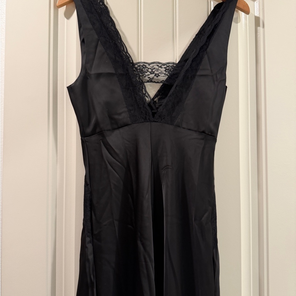 Black Satin Slip Dress with Lace Trim - Picture 2 of 3